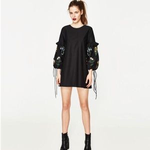 ZARA Dress Small Black Embroidered Tie Sleeve Mini Poplin Shift Floral